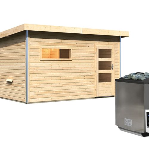 Karibu Saunahaus Skrollan 3 mit Vorraum naturbelassen-11 kW Bio-Kombiofen inkl. Steuergerät-Moderne Saunatür (Klarglas)
