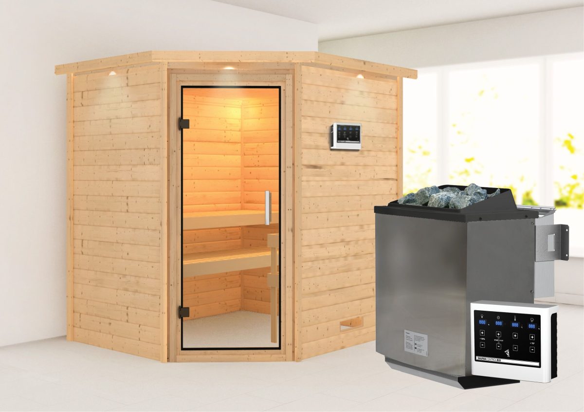 Karibu Woodfeeling Sauna Mia – 38 mm -Inkl. Dachkranz-Klarglas Ganzglastür-9 kW Bio-Kombiofen inkl. Steuergerät - Gallery 1 Karibu Woodfeeling Sauna Mia – 38 mm -Inkl. Dachkranz-Klarglas Ganzglastür-9 kW Bio-Kombiofen inkl. Steuergerät