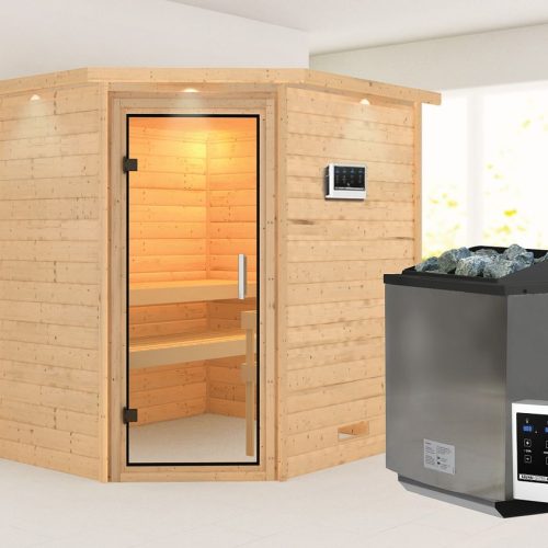 Karibu Woodfeeling Sauna Mia – 38 mm -Inkl. Dachkranz-Klarglas Ganzglastür-9 kW Bio-Kombiofen inkl. Steuergerät