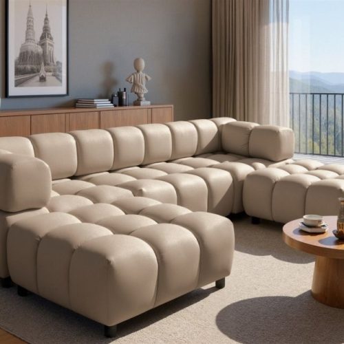 Sofa Designersofa Flow 3-sitzer Inkl. 2 X Polsterhocker Stoff Bluvel Latte