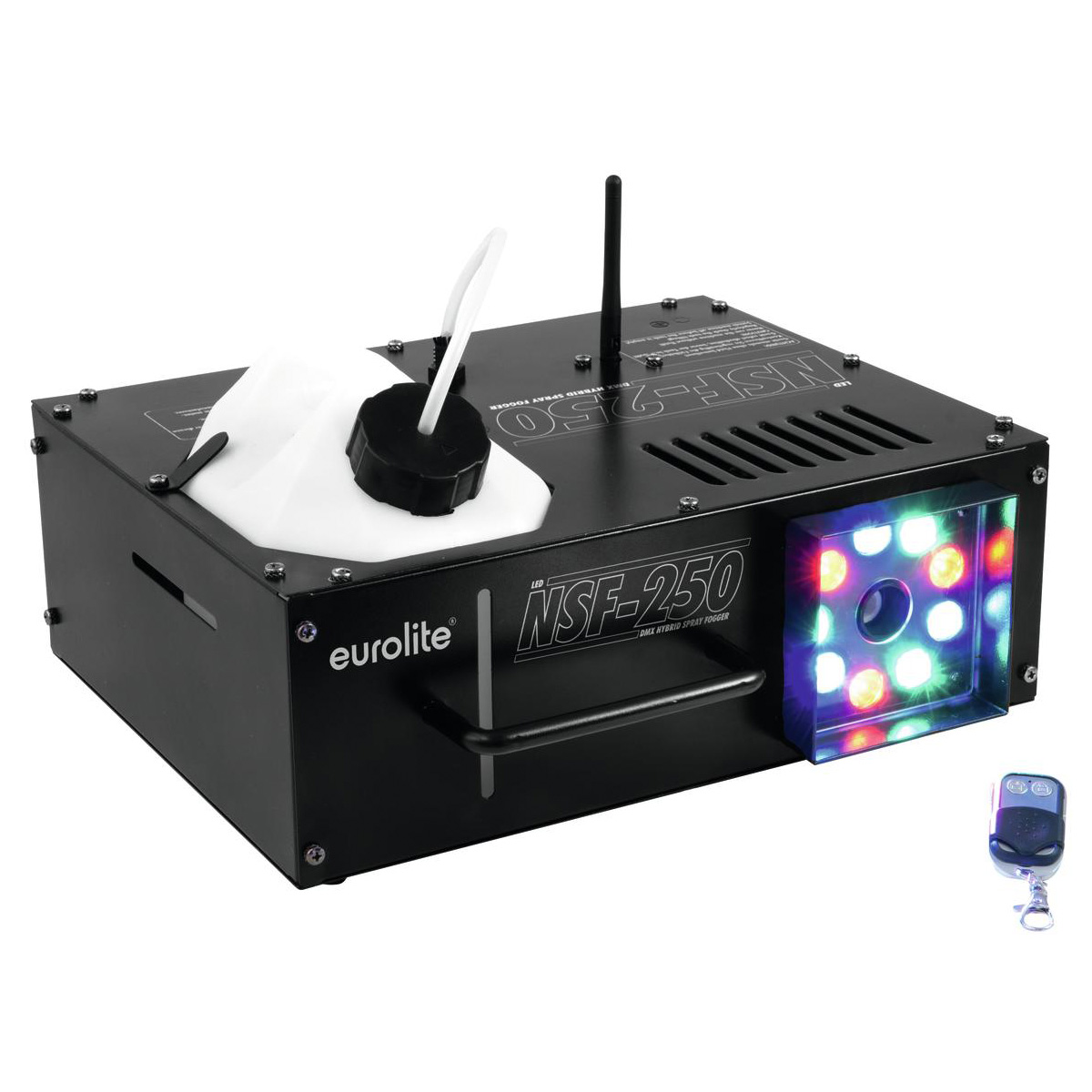 NSF-250 LED DMX Hybrid Spray Fogger - Vertikale/Horizontale Nebelmaschine mit LED Spot NSF-250 LED DMX Hybrid Spray Fogger - Vertikale/Horizontale Nebelmaschine mit LED Spot