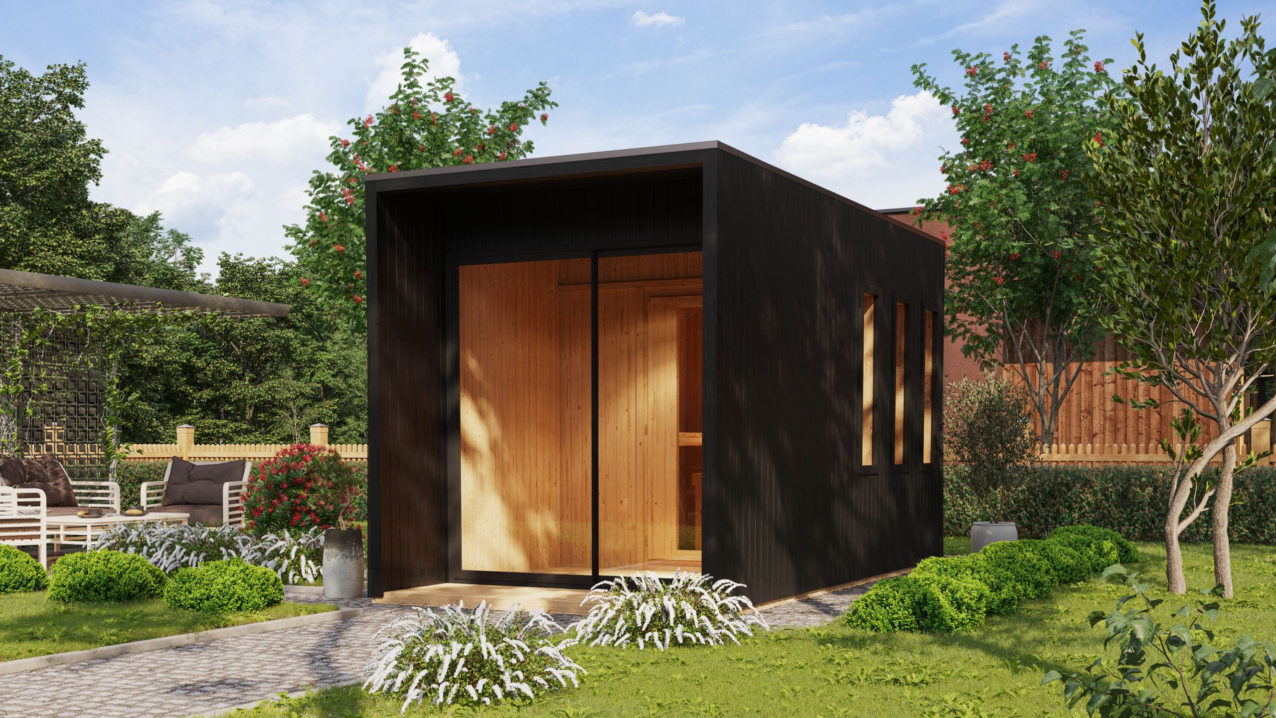 Karibu Design Saunahaus Miramar mit Vorraum - 73 mm schwarz Inkl. Terrasse Ohne Ofen - Gallery 2 Karibu Design Saunahaus Miramar mit Vorraum - 73 mm schwarz Inkl. Terrasse Ohne Ofen