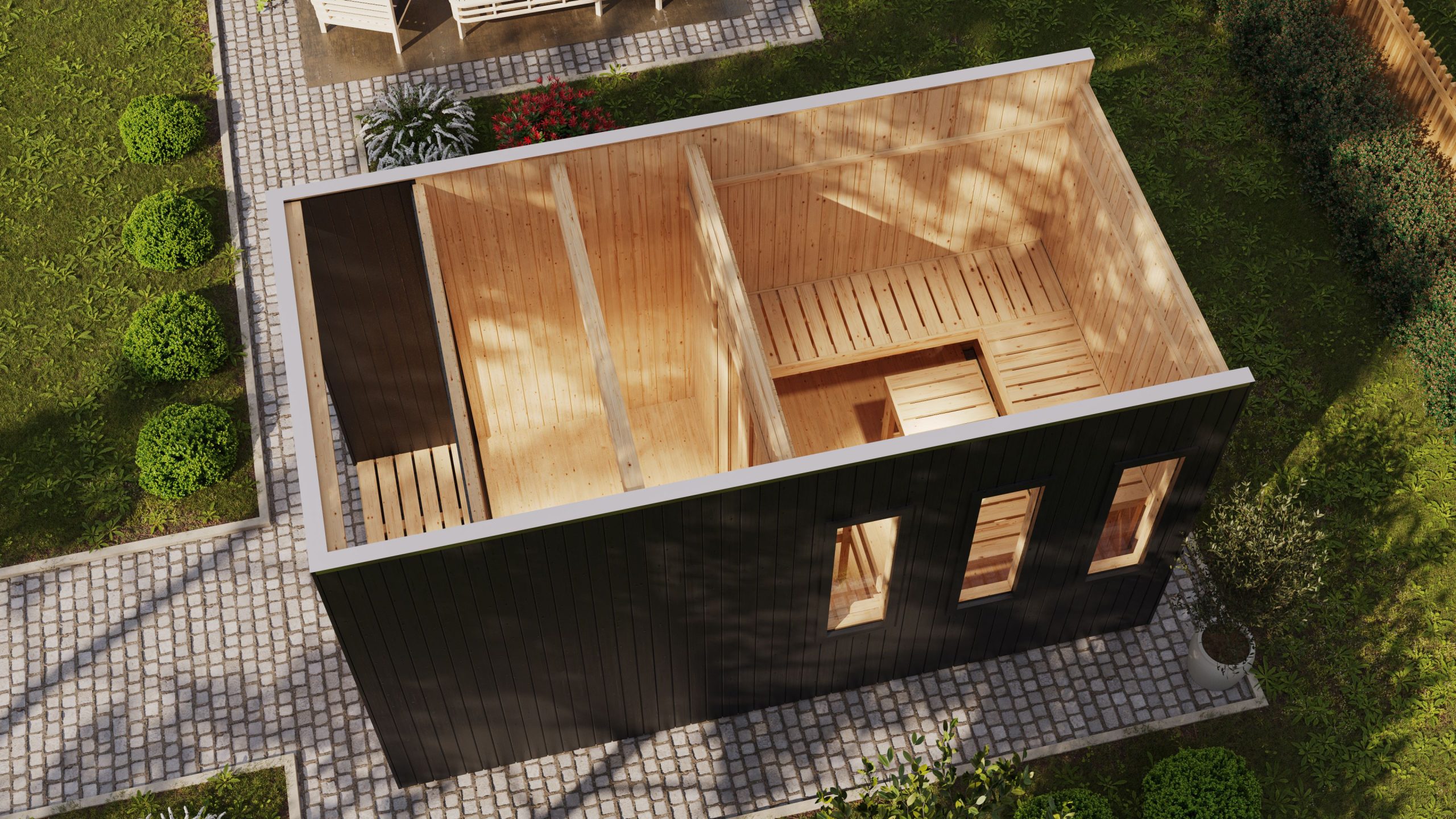 Karibu Design Saunahaus Miramar mit Vorraum - 73 mm schwarz Inkl. Terrasse Ohne Ofen - Gallery 4 Karibu Design Saunahaus Miramar mit Vorraum - 73 mm schwarz Inkl. Terrasse Ohne Ofen