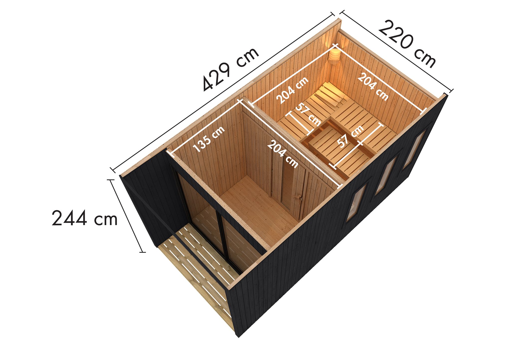 Karibu Design Saunahaus Miramar mit Vorraum - 73 mm schwarz Inkl. Terrasse Ohne Ofen - Gallery 5 Karibu Design Saunahaus Miramar mit Vorraum - 73 mm schwarz Inkl. Terrasse Ohne Ofen