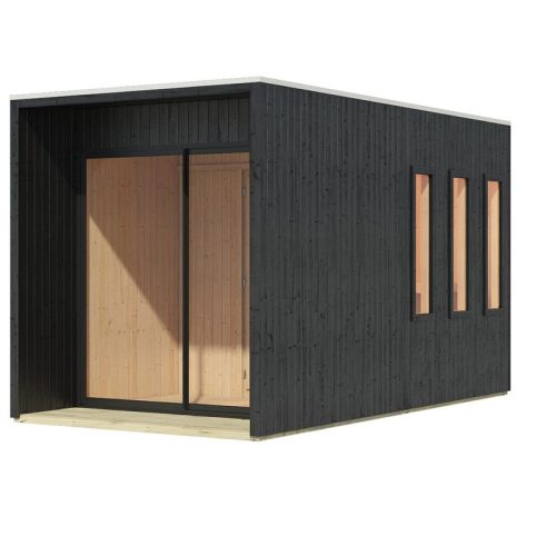 Karibu Design Saunahaus Miramar mit Vorraum - 73 mm schwarz Inkl. Terrasse Ohne Ofen