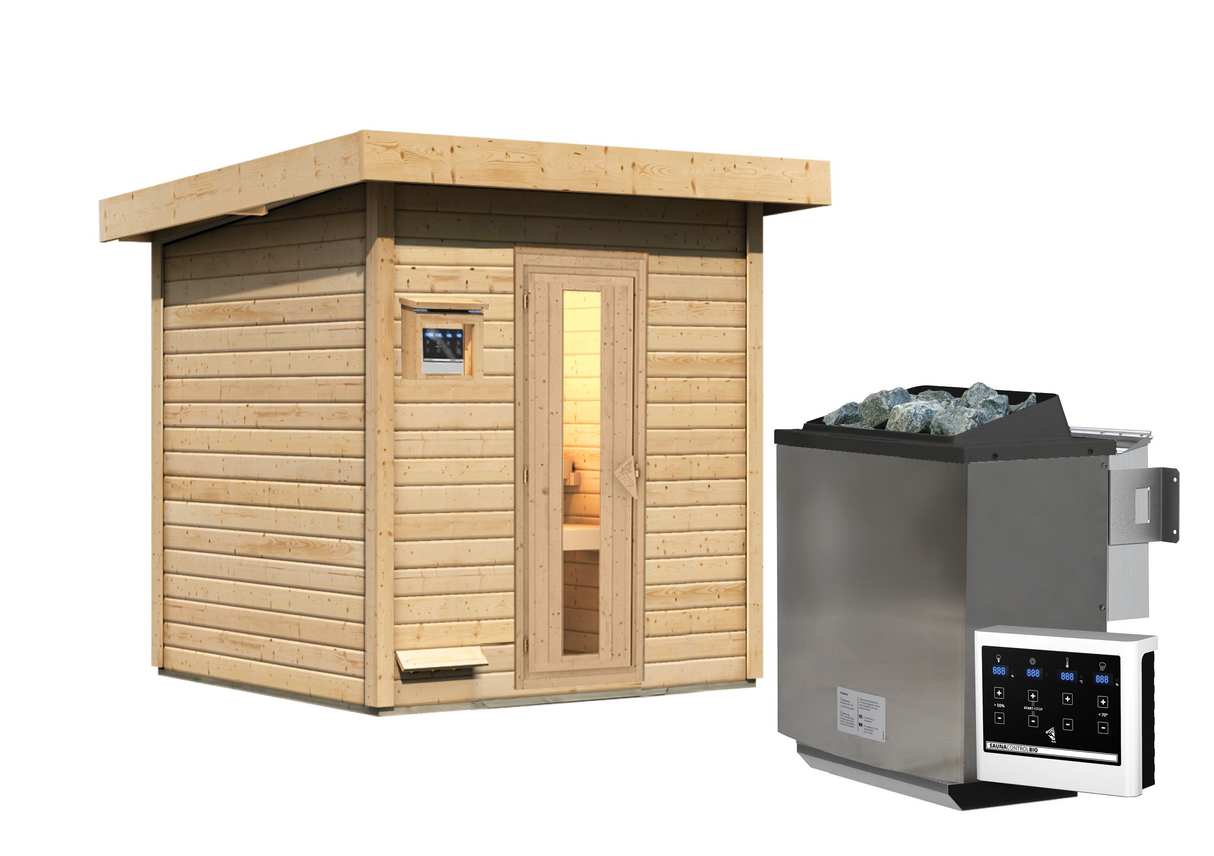 Karibu Gartensauna Saunahaus Hytti 2 Isolierte Saunatür 9 kW Bio-Kombiofen inkl. Steuergerät