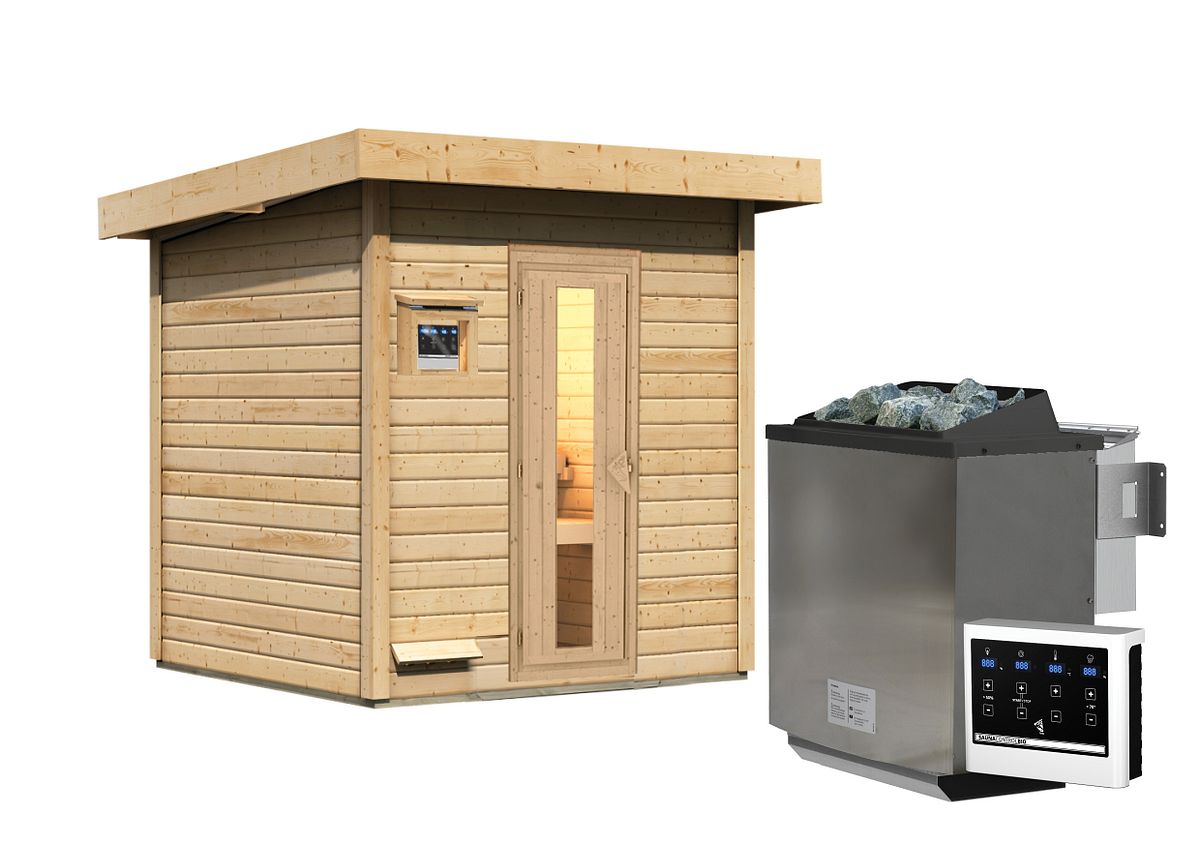 Karibu Gartensauna Saunahaus Hytti 2 Isolierte Saunatür 9 kW Bio-Kombiofen inkl. Steuergerät
