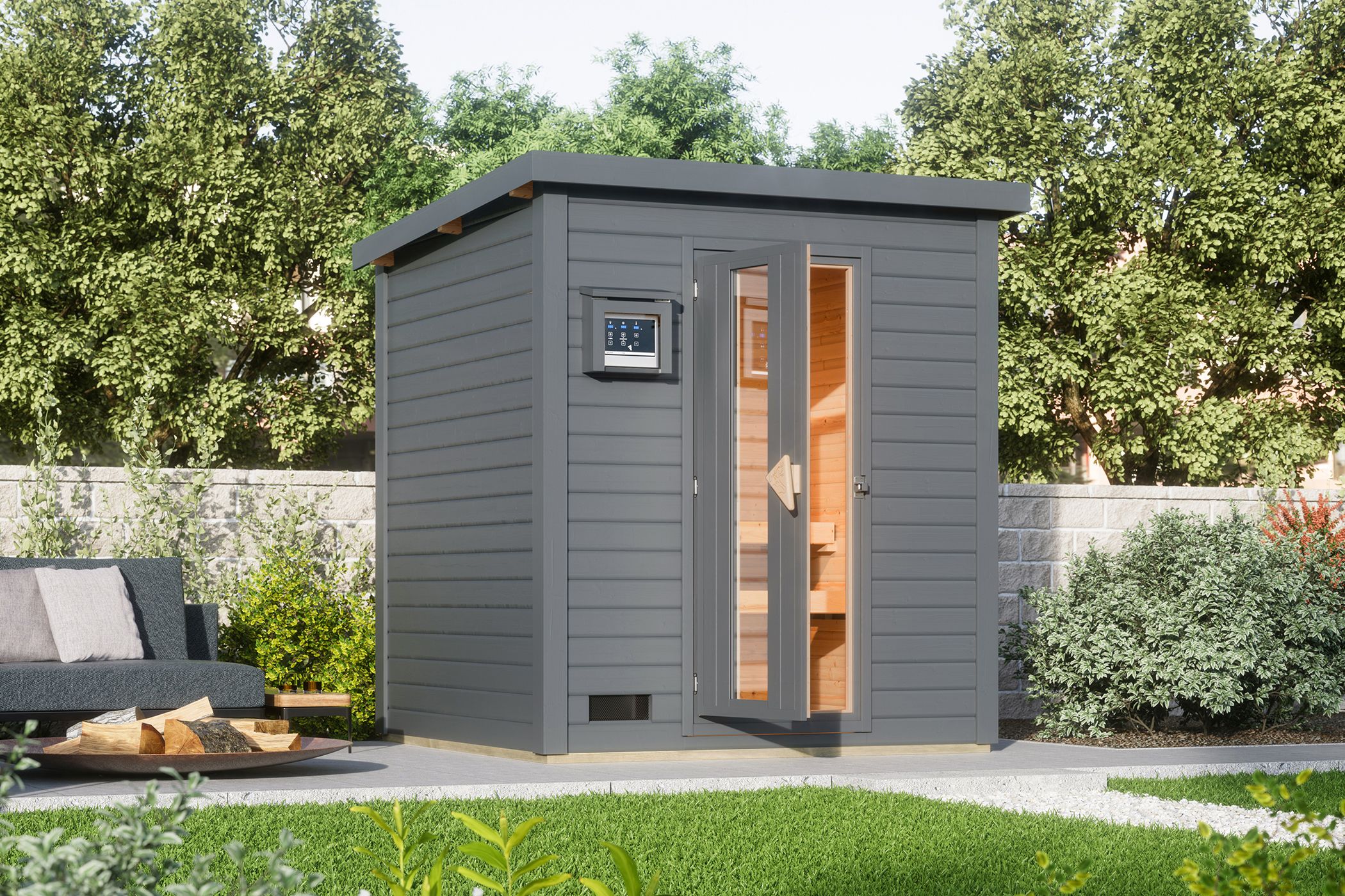 Karibu Gartensauna Saunahaus Hytti 2 Isolierte Saunatür 9 kW Bio-Kombiofen inkl. Steuergerät