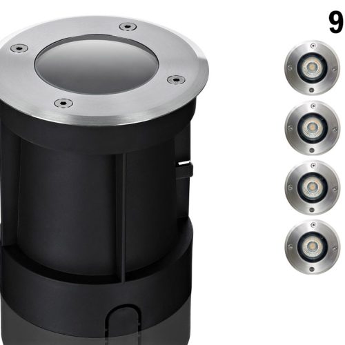 9er Boden LED Einbaustrahler Set IP67 rund mit Marken GU10 LED Spot Kanlux IQ-LEDDIM 7 W dimmbar