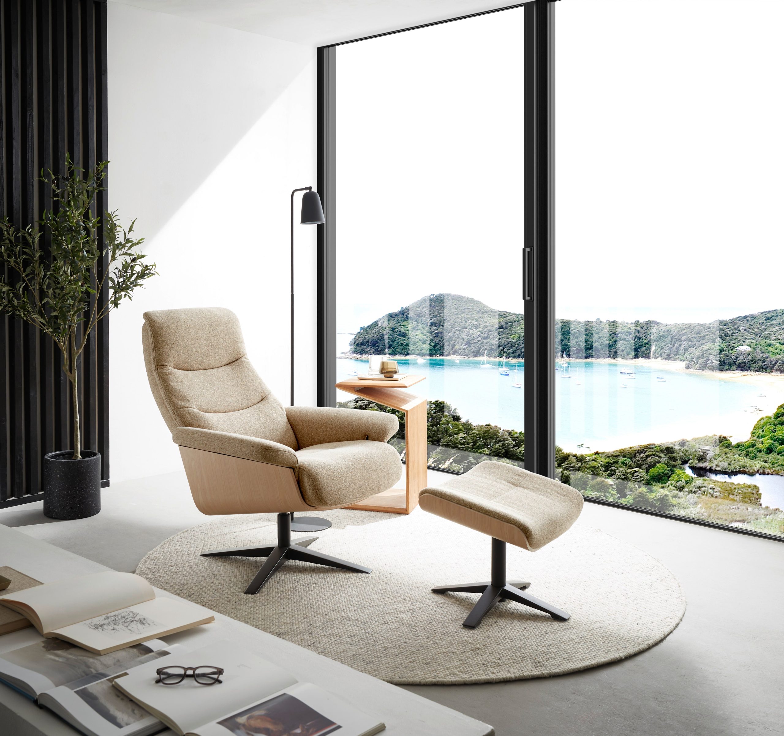 Amasra Loungesessel inkl. Hocker - LAKE slate grey / Edelstahloptik / Eiche hell