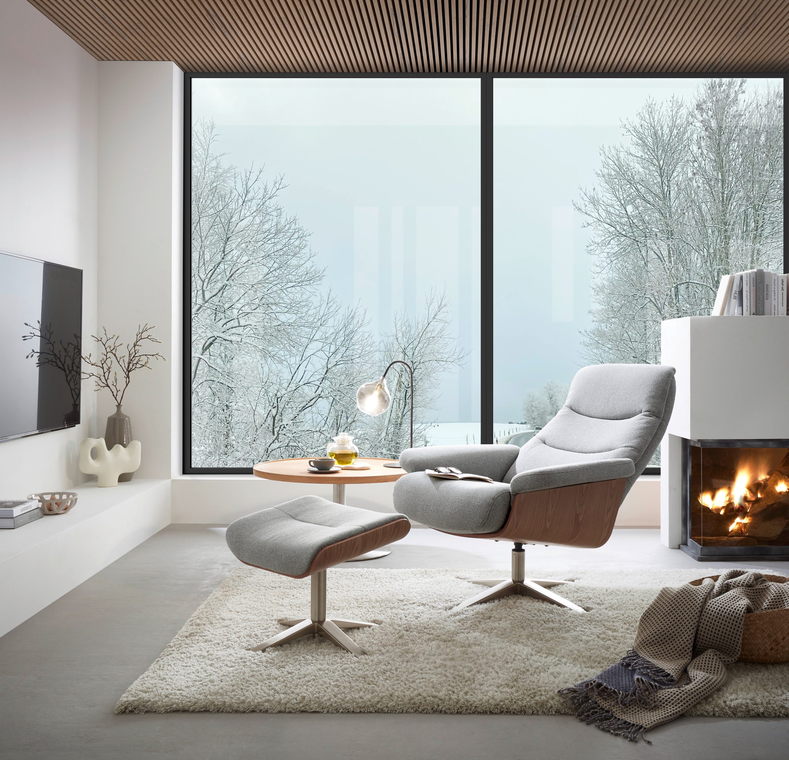 Amasra Loungesessel inkl. Hocker - LAKE slate grey / Edelstahloptik / Eiche hell