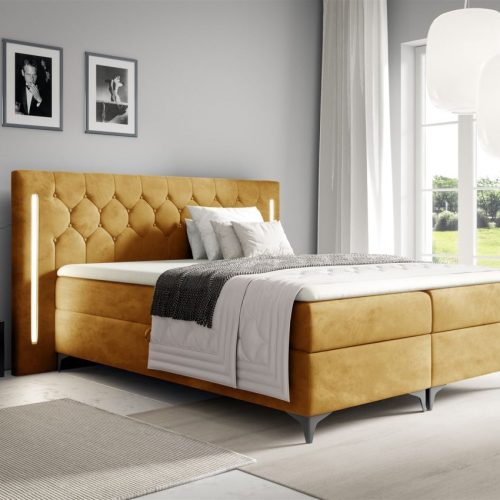 Boxspringbett Schlafzimmerbett ELODIE 120x200cm Goldgelb inkl. Ambiente-LED