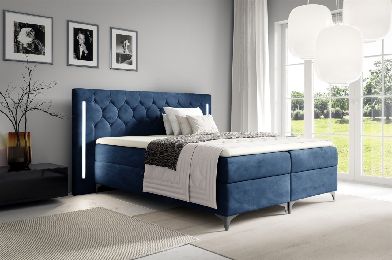 Boxspringbett Schlafzimmerbett ELODIE 120x200cm Dunkelblau inkl. Ambiente-LED Boxspringbett Schlafzimmerbett ELODIE 120x200cm Dunkelblau inkl. Ambiente-LED