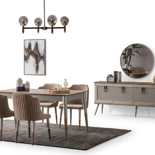 Beige Esszimmer Garnitur Rechteckiger Holz Tisch 6x Polsterstühle 7tlg
