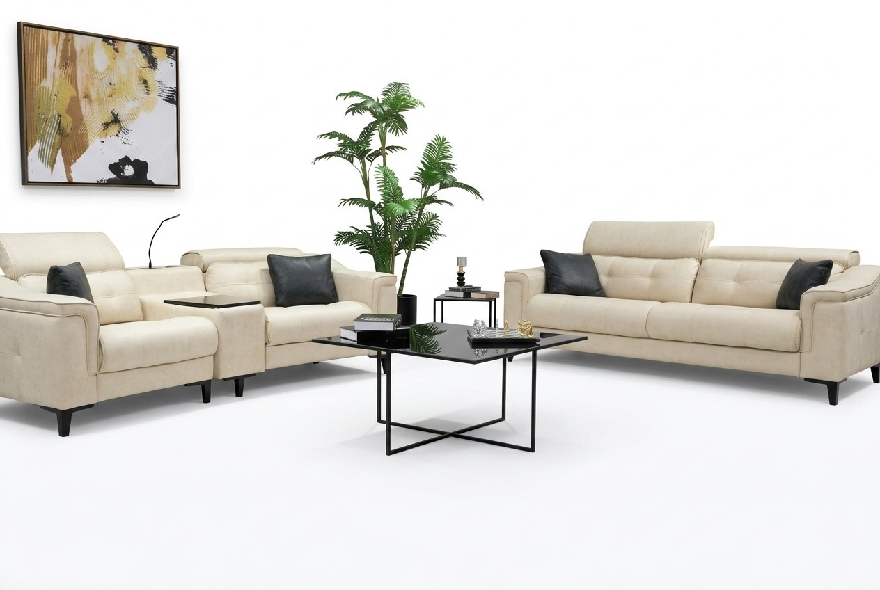 Beige Leder Sofagarnitur Designer 3-Sitzer Zweisitzer Couch 2tlg Set Beige Leder Sofagarnitur Designer 3-Sitzer Zweisitzer Couch 2tlg Set