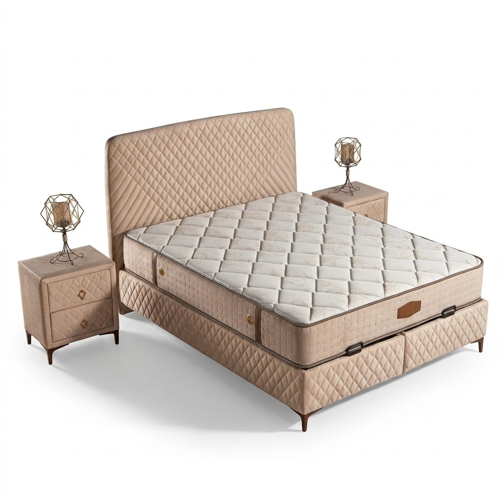 Beige Textil-Holz Bett mit Matratze modern und komfortabel Beige Textil-Holz Bett mit Matratze modern und komfortabel