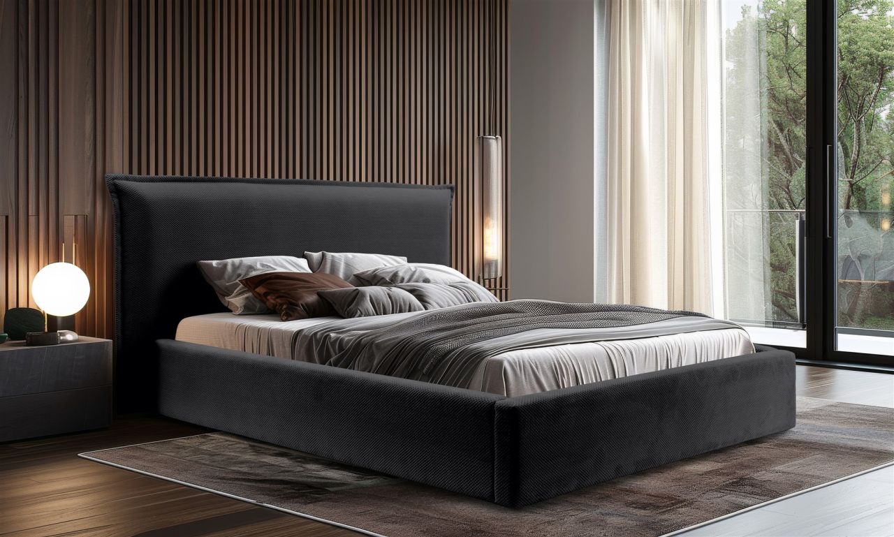 Polsterbett Doppelbett AMADA Komplettset 140x200cm in Stoff Pop Schwarz