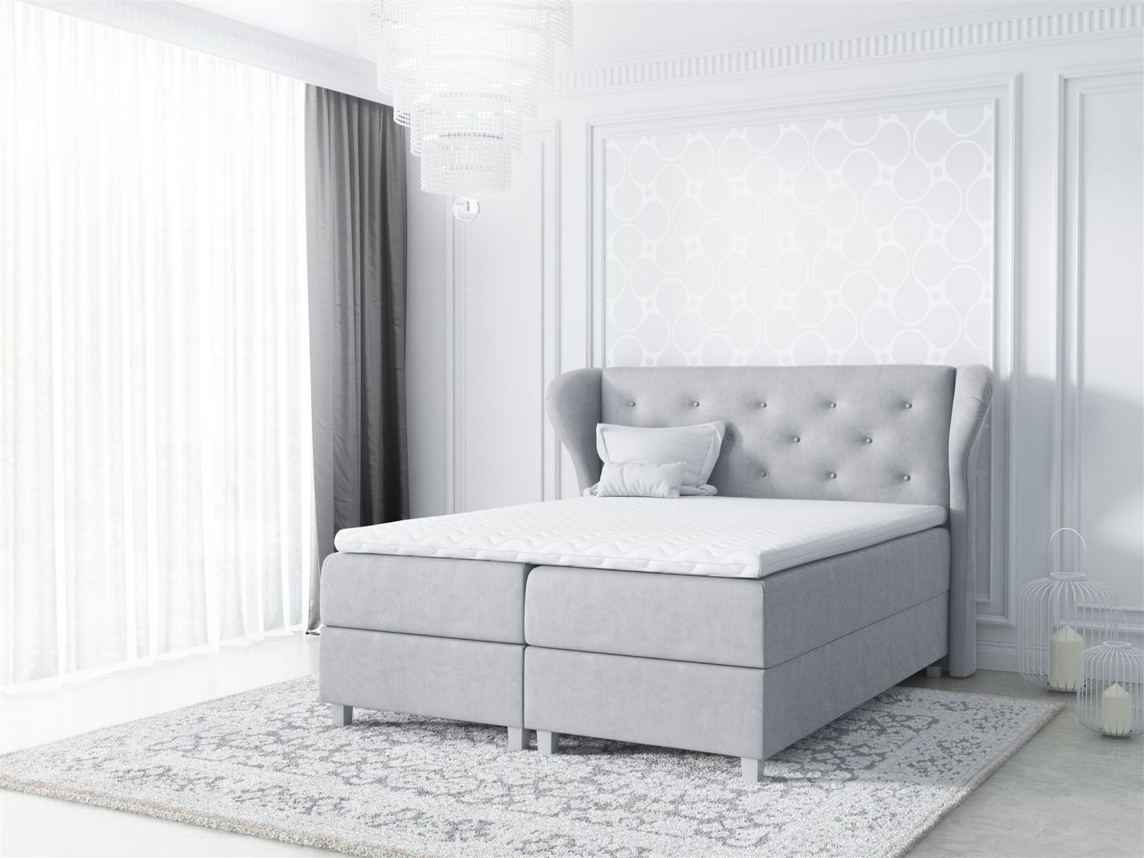 Boxspringbett Schlafzimmerbett ARIANNA 200x200cm Stoff Hellgrau