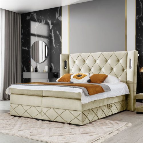 Boxspringbett Schlafzimmerbett ELVIANO 180x200cm Stoff Ecru inkl. Ambiente-LED