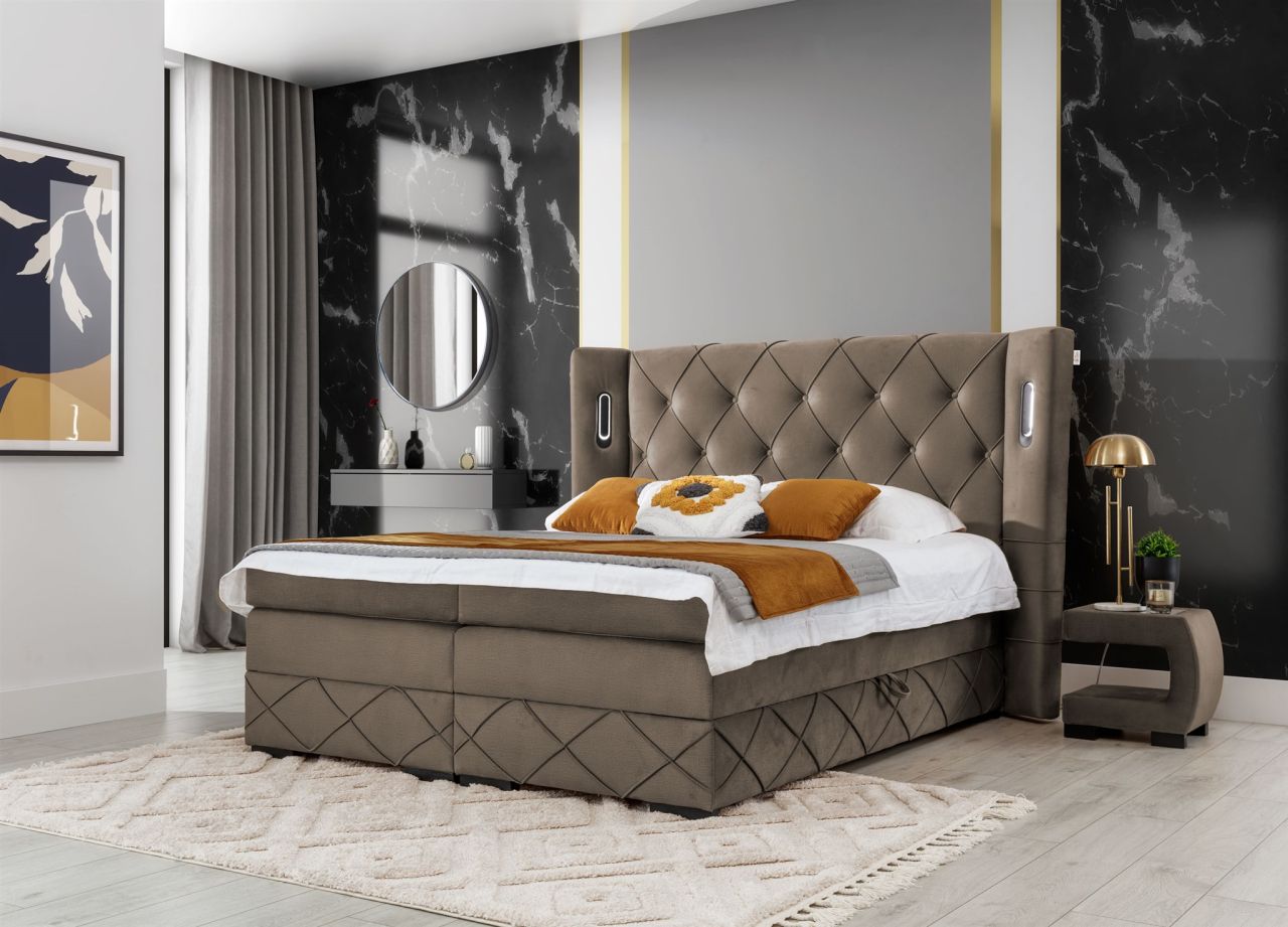 Boxspringbett Schlafzimmerbett ELVIANO 180x200cm Stoff Braun inkl. Ambiente-LED Boxspringbett Schlafzimmerbett ELVIANO 180x200cm Stoff Braun inkl. Ambiente-LED