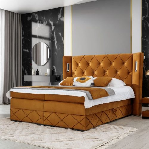 Boxspringbett Schlafzimmerbett ELVIANO 180x200cm Stoff Honiggelb inkl. Ambien...