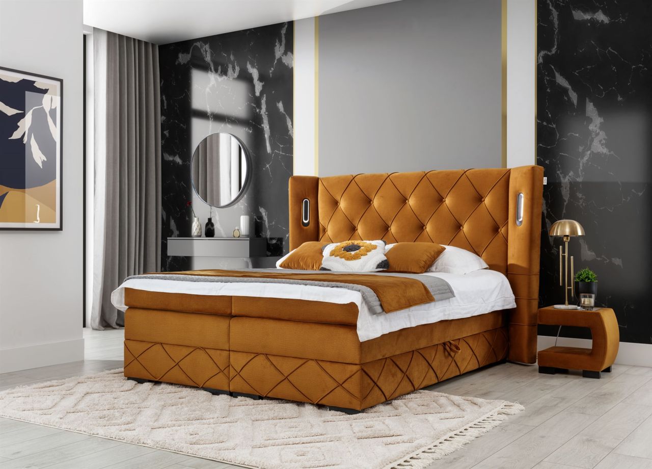 Boxspringbett Schlafzimmerbett ELVIANO 180x200cm Stoff Honiggelb inkl. Ambien... Boxspringbett Schlafzimmerbett ELVIANO 180x200cm Stoff Honiggelb inkl. Ambien...