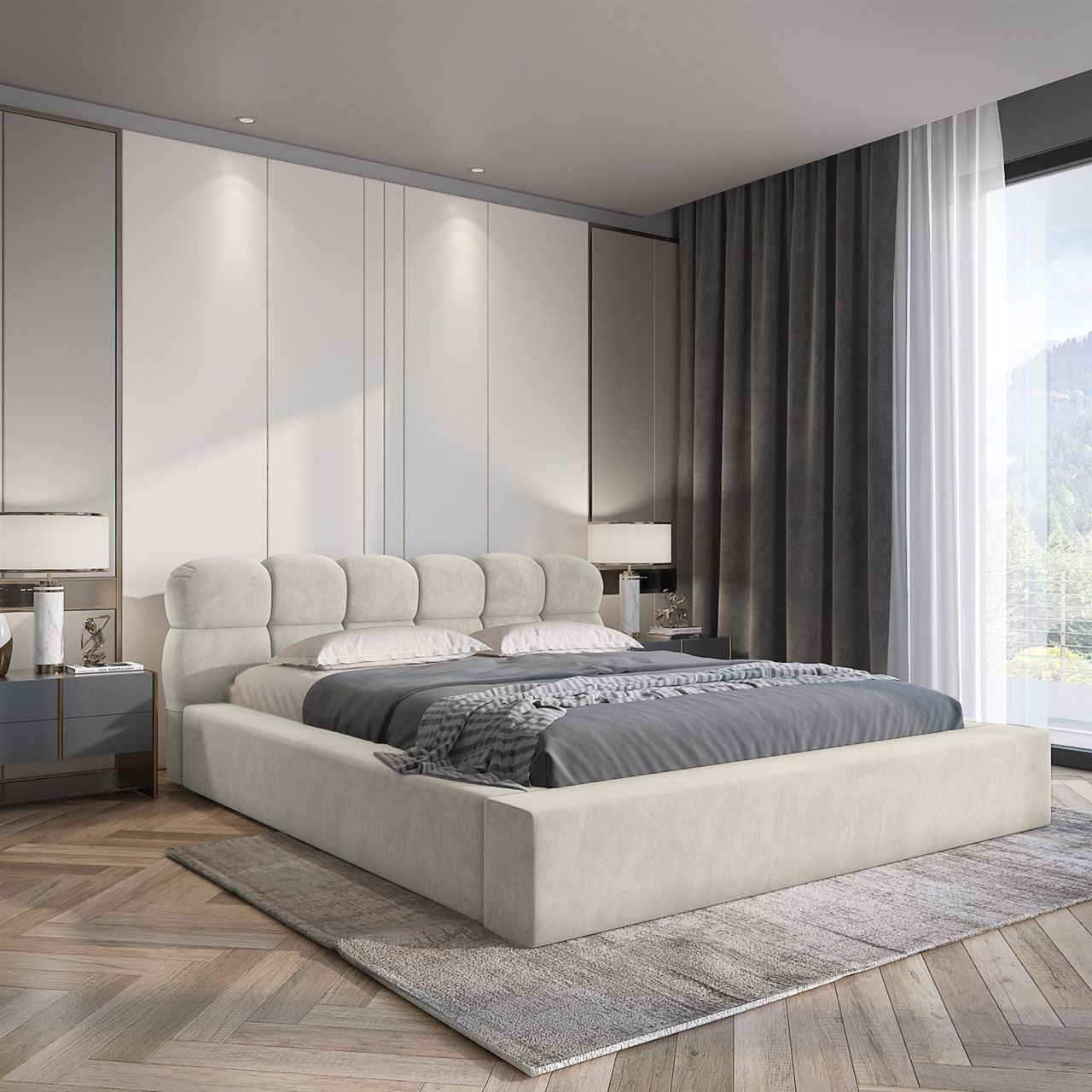 Polsterbett Doppelbett GROVE Komplettset 140x200cm in Stoff Ditra Creme Polsterbett Doppelbett GROVE Komplettset 140x200cm in Stoff Ditra Creme