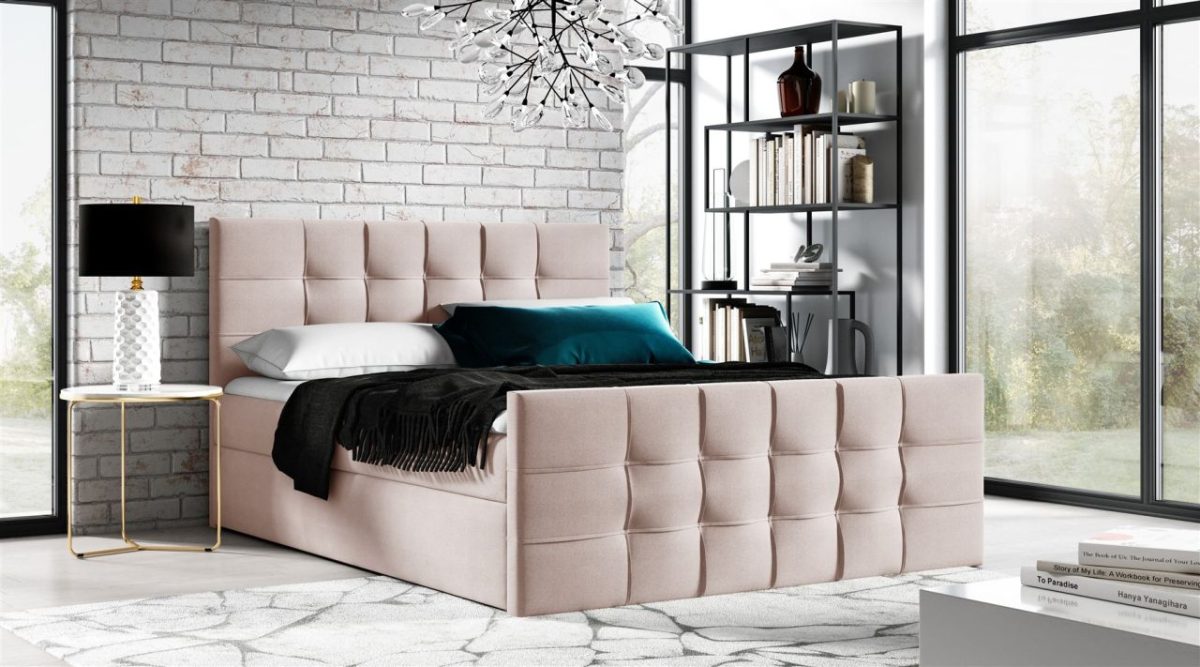 Boxspringbett Schlafzimmerbett NOEL 120x200cm Stoff Rose inkl. Bettkasten