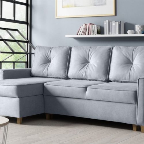 Couchgarnitur BOSCO L-Form in Polyesterstoff Hellgrau /Ottomane Links