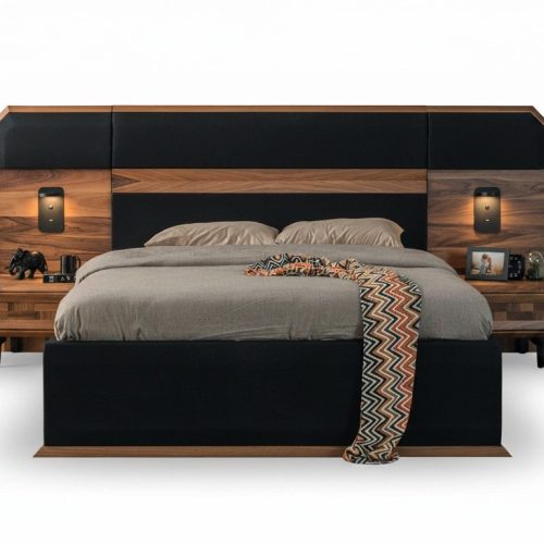 Braun-Schwarze Holz Schlafzimmer Garnitur Doppelbett 2x Nachttische 3tlg