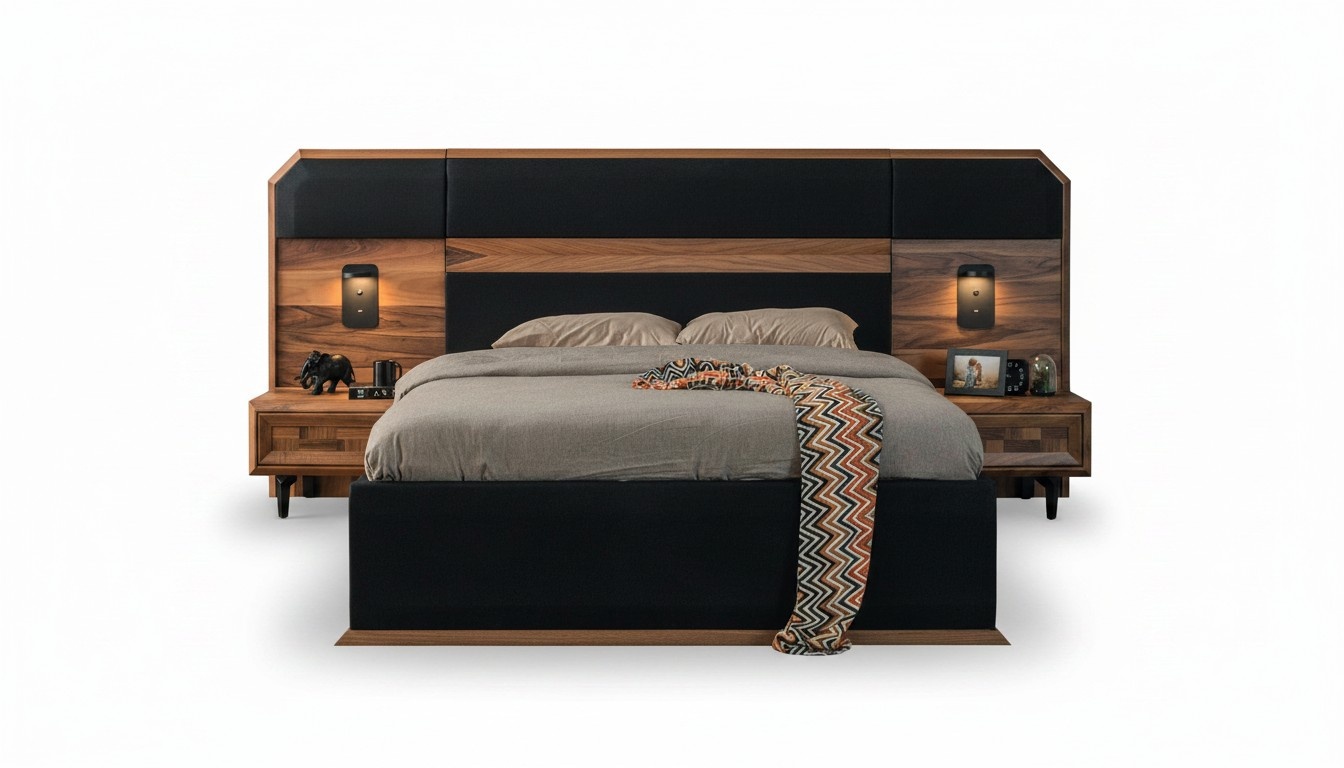 Braun-Schwarze Holz Schlafzimmer Garnitur Doppelbett 2x Nachttische 3tlg Braun-Schwarze Holz Schlafzimmer Garnitur Doppelbett 2x Nachttische 3tlg