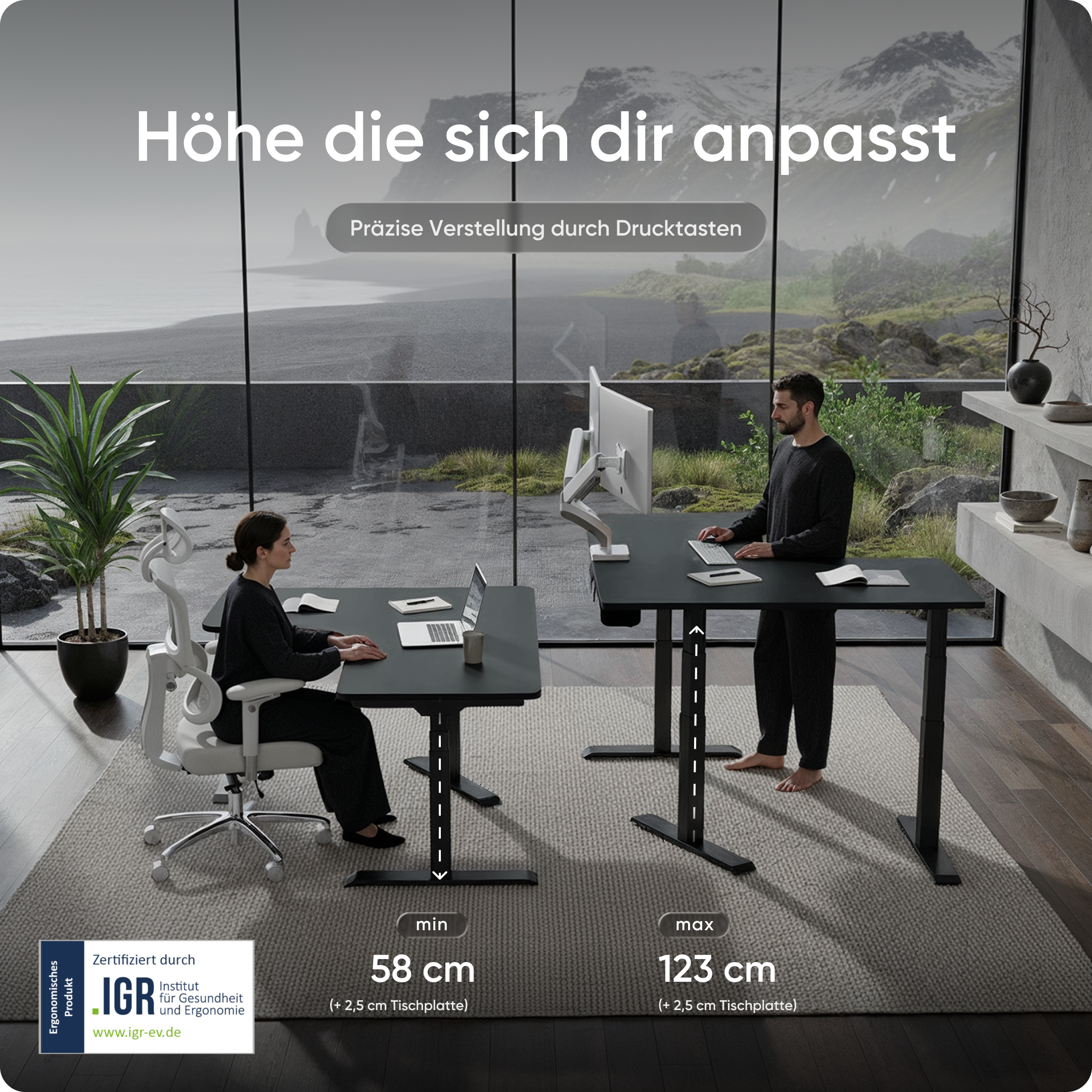 Höhenverstellbarer Schreibtisch | CORNER | Schwarz / Grau / 160 x 130 x 70 cm