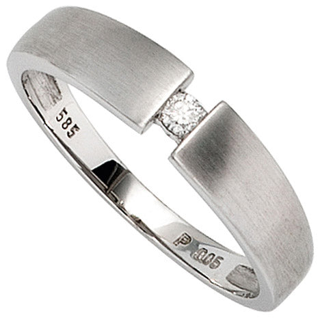 Damen Ring 585 Gold Weißgold matt 1 Diamant Brillant 0 05ct. Weißgoldring-50 Damen Ring 585 Gold Weißgold matt 1 Diamant Brillant 0 05ct. Weißgoldring-50