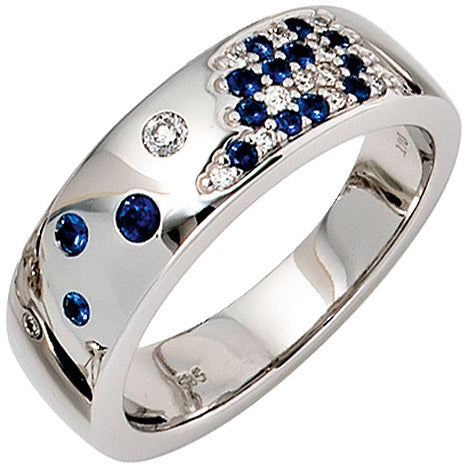 Damen Ring 585 Gold Weißgold 13 Diamanten Brillanten 0 10ct. 15 Safire blau-50