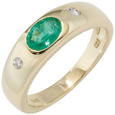 Damen Ring 585 Gold Gelbgold 1 Smaragd grün 2 Diamanten Brillanten Goldring-50