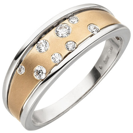 Damen Ring 375 Gold Weißgold Rotgold bicolor matt 8 Zirkonia Goldring-50