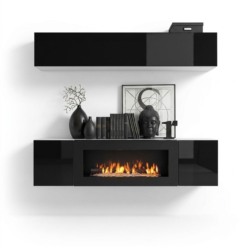 Wohnwand Schwarz Hänge Sideboard Schrank Kommode 2tlg mit Kamin Hochglanz Wohnwand Schwarz Hänge Sideboard Schrank Kommode 2tlg mit Kamin Hochglanz