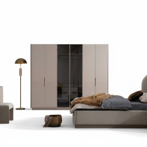 Designer Beiges Schlafzimmer Set Bett 2x Nachttische Kleiderschrank 5tlg
