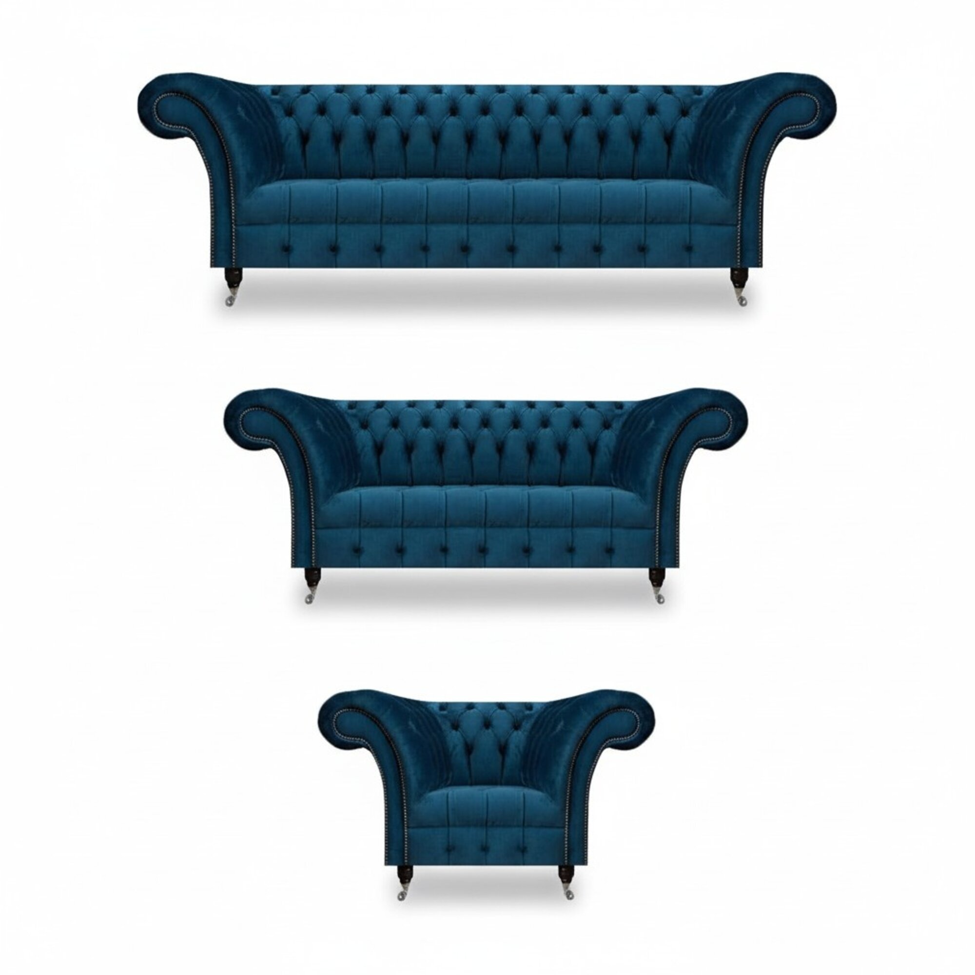 Designer Dunkelblaue Chesterfield Couchen Edler Sessel Polstermöbel 3tlg