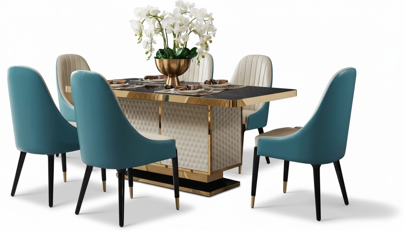 Designer Holz Ess Wohn Zimmer Set Tisch 4x Lehn Stühle Set Garnitur Designer Holz Ess Wohn Zimmer Set Tisch 4x Lehn Stühle Set Garnitur