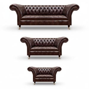 Dunkelbraune Chesterfield Couchgarnitur Ledersofas Designer Sessel 3tlg
