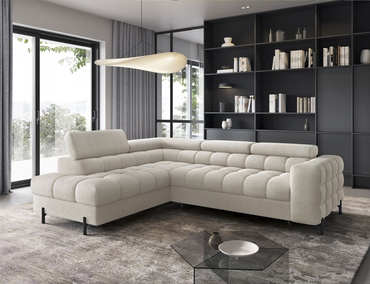 Ecksofa mit Schlaffunktion Sofa AMARA Stoff Coral Ecru Ottomane Links