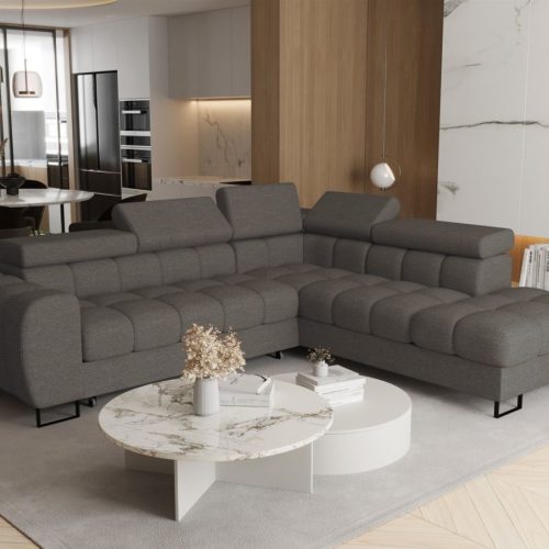 Ecksofa Schlafsofa BASTIEN MAX in Stoff Aragon Dunkelgrau Ottomane Rechts