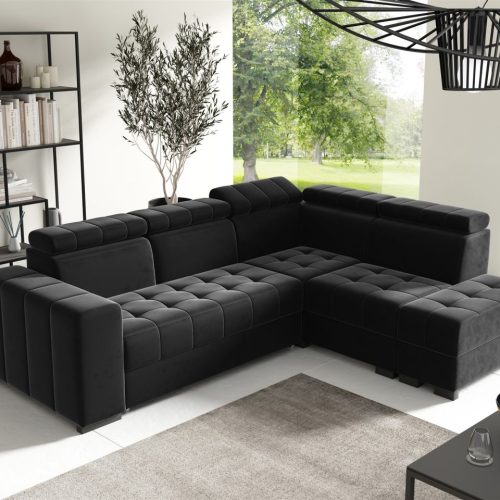 Ecksofa Schlafsofa Sofa CESENA Stoff Salvador Schwarz Ottomane Rechts