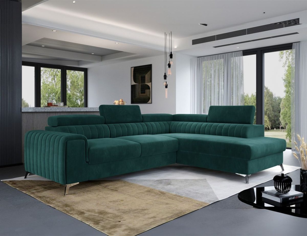 Ecksofa mit Schlaffunktion Sofa ELENI Stoff Monolith Grün Ottomane Rechts