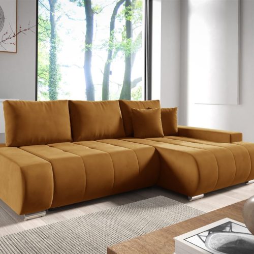 OUTLET Ecksofa Schlafsofa ELMO Stoff Monolith Honiggelb Ottomane Rechts