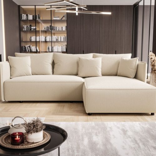 OUTLET Ecksofa Schlafsofa EVORA Stoff Poso Creme Ottomane Rechts