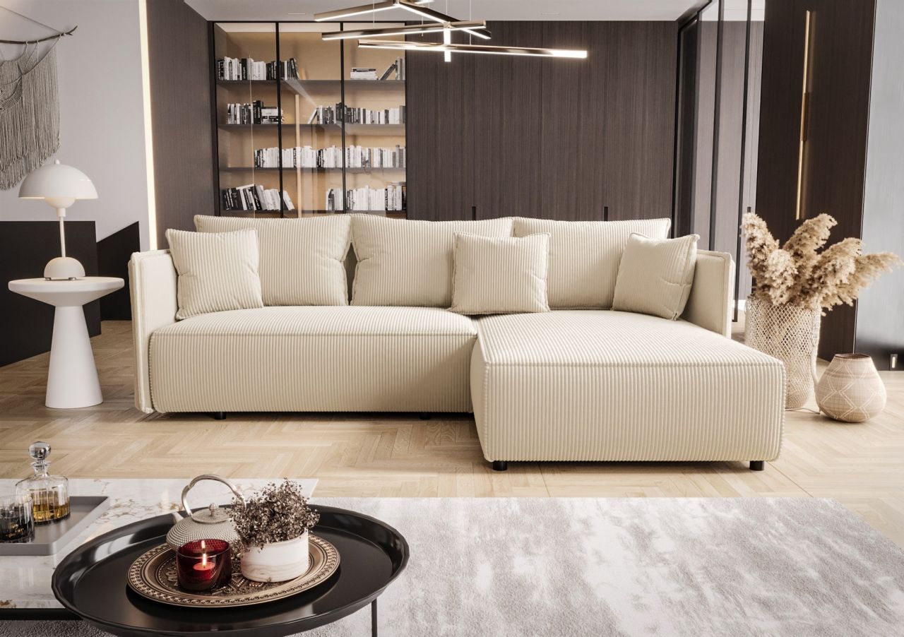 OUTLET Ecksofa Schlafsofa EVORA Stoff Poso Creme Ottomane Rechts