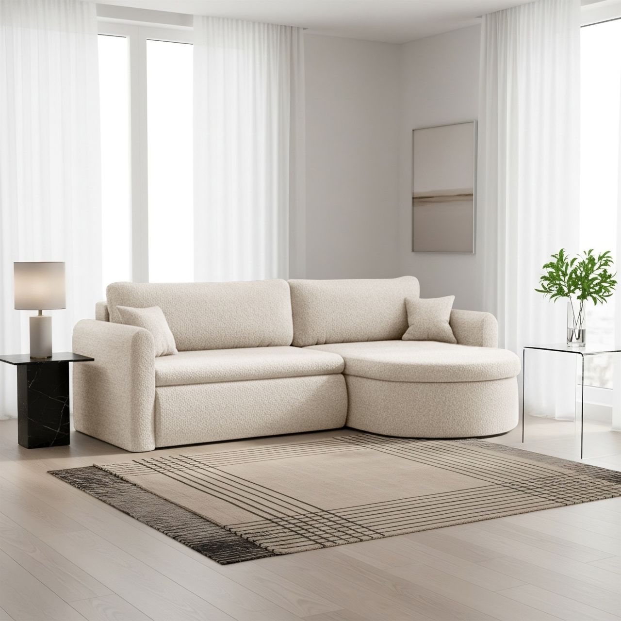 Ecksofa Schlafsofa FELIZ Stoff Quelle Creme Ottomane Rechts