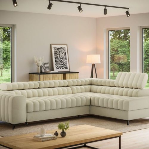 Ecksofa mit Schlaffunktion Sofa GRADO Stoff Monolith Beige Ottomane Rechts Ecksofa mit Schlaffunktion Sofa GRADO Stoff Monolith Beige Ottomane Rechts